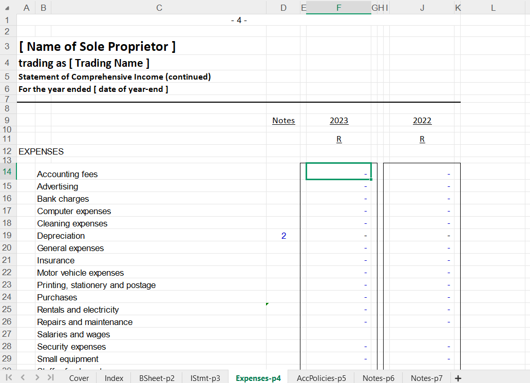 Annual Financial Statements for a Sole Proprietor Spreadsheet