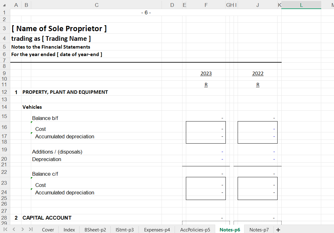 Annual Financial Statements for a Sole Proprietor Spreadsheet