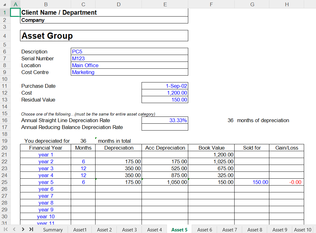 Fixed Asset Register Spreadsheet Template