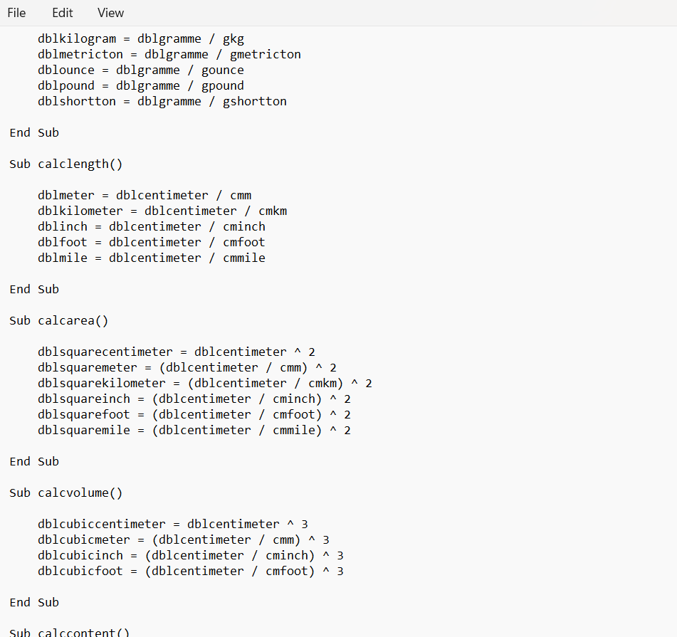 Imperial Metric Conversion Software Source Code