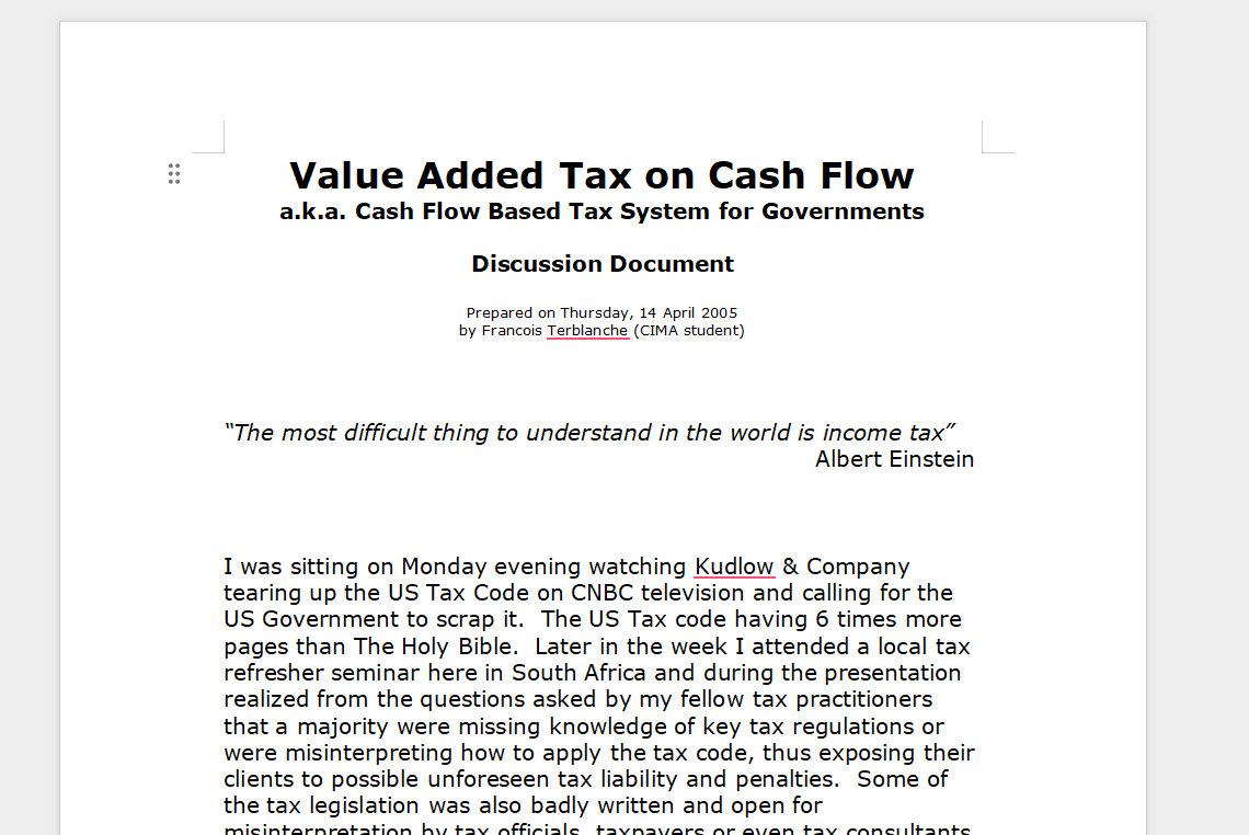 VAT On Cash Flow Discussion Document